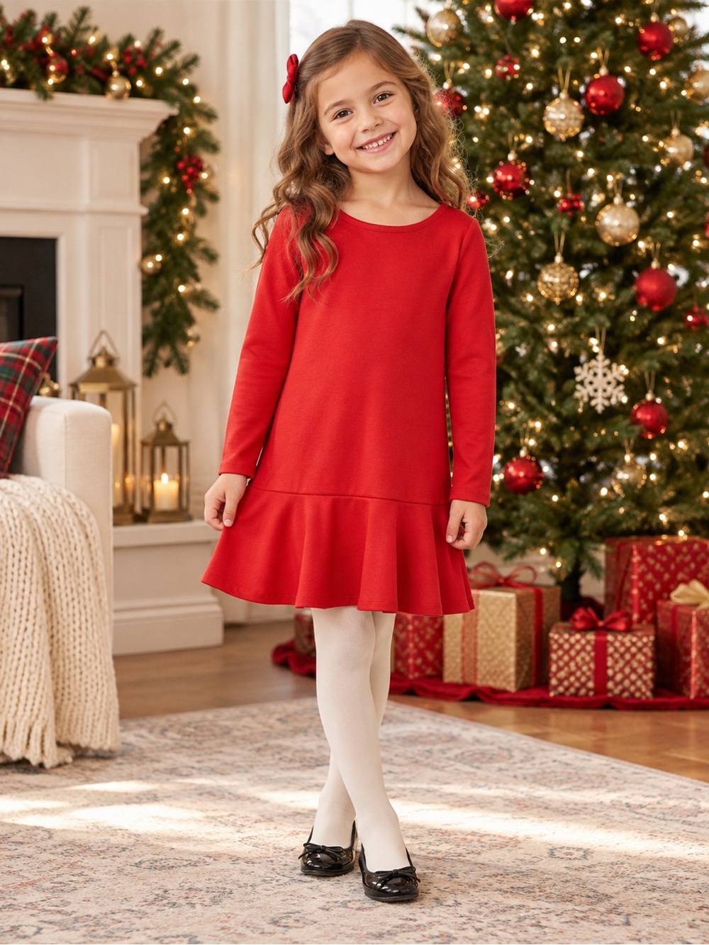 Polo Ralph Lauren Girls Red Long Sleeve Drop Waist Ruffle Dress Size 6